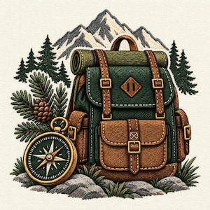 May include: An embroidered patch featuring a green and brown backpack, a round compass, pine branches with a pinecone, and snow-capped mountains in the background. The design uses detailed stitching to depict the gear and nature elements.