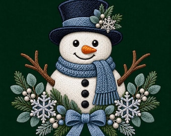 May include: An embroidered snowman wearing a dark blue top hat and a matching blue scarf. The snowman has an orange carrot nose, three black buttons, and twig arms. It is surrounded by green pine needles, white berries, snowflakes, and a blue bow.