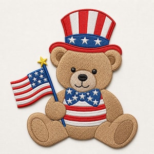 May include: An embroidered patch featuring a light brown teddy bear wearing a red, white, and blue top hat with stars and a matching bow tie. The bear holds a small American flag with a yellow star topper, and its body has red and white stripes.