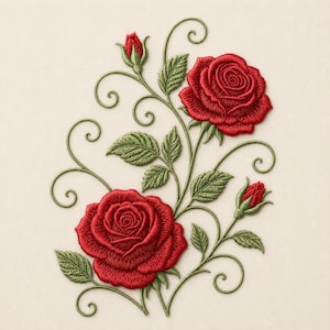 Puede incluir: Diseño bordado de rosas rojas, capullos, hojas verdes y zarcillos sobre un fondo crema. Las rosas están en plena floración, mostrando detalles de pétalos. Las hojas y los zarcillos añaden un toque natural al arreglo floral.