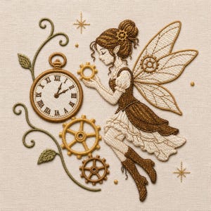 May include: An embroidery design on cream fabric featuring a fairy with brown hair and wings, holding a small gear. The scene includes a round pocket watch with Roman numerals, two additional gears, and decorative green vines with small leaves.