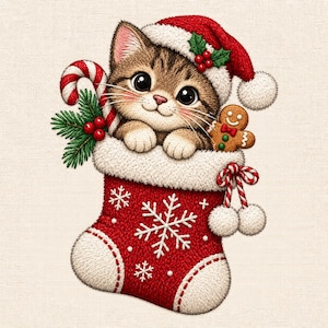 May include: A brown tabby kitten wearing a red and white Santa hat, peeking out of a red Christmas stocking decorated with white snowflakes. The kitten is accompanied by a candy cane, a sprig of holly, and a small gingerbread man cookie.