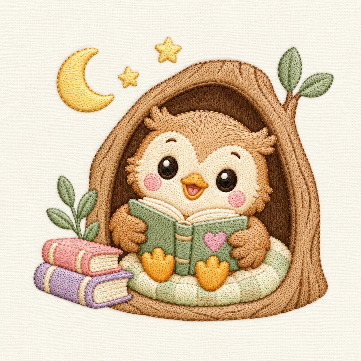 Cute Owl Reading Machine Embroidery File, Cozy Book Lover Owl Design, Woodland Nursery Animal Digita