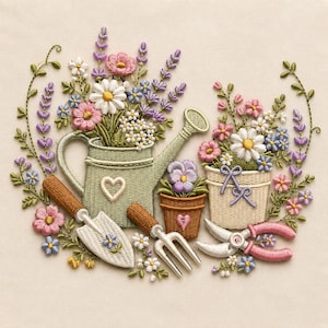 Puede incluir: Escena de jardín bordada con una regadera, macetas y herramientas de jardinería. La escena incluye una paleta, un tenedor de mano y unas tijeras de podar. Las flores son en tonos rosa, morado, blanco y azul. La regadera tiene un corazón.