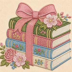 May include: An embroidery design featuring a stack of three books in green, pink, and blue, tied with a large pink ribbon bow. The books are decorated with embroidered floral motifs, including pink and blue flowers and green leaves.
