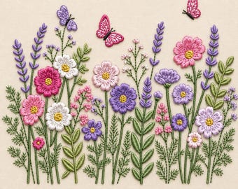 Wildflower Garden Embroidery Design, Floral Meadow Embroidery File, Butterfly Flower Digital Download