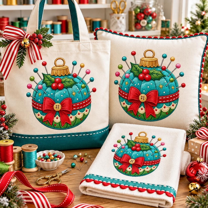 May include: A cream-colored canvas tote bag, a square throw pillow, and a folded hand towel, each featuring an embroidered teal Christmas ornament design with a red bow, holly leaves, and colorful pins, accented by red and white striped ribbon.