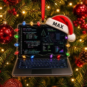 Personalisierter Acryl-Weihnachtsbaumschmuck in Form eines Programmierer-Laptops: Individuell gestaltete Weihnachtsmannmütze in Form eines Programmierers