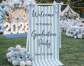 Personalized Graduation Party Welcome Tapestry, Custom Name Blue Striped Grad Banner