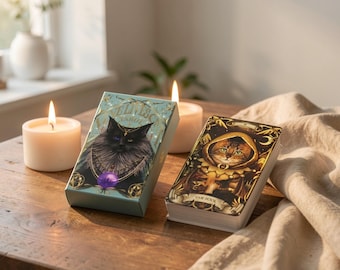 Baraja de Tarot de Gatos Nueve Vidas, Tarot Rider Waite de 78 cartas para amantes de los gatos, Cartas de Tarot de Gatos ornamentadas, Baraja de Tarot de Lujo con Detalles Dorados