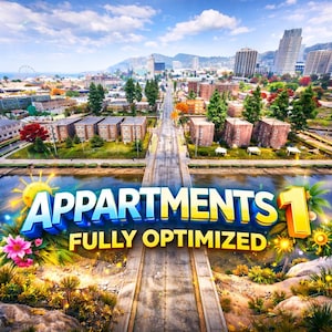 Puede incluir: Una vibrante representación digital de una ciudad con un puente sobre un río, con el texto "APARTMENTS 1 FULLY OPTIMIZED" en 3D. La escena incluye edificios, árboles y un cielo soleado.