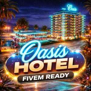 Può includere: Un'illustrazione digitale dell'Oasis Hotel di notte. L'hotel è un edificio a più piani con luci brillanti e un'insegna al neon con la scritta "Oasis Hotel". Viene visualizzato anche il testo "Fivem Ready".