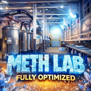 Puede incluir: Interior industrial con tanques de acero inoxidable, tuberías y paneles de control. El texto "METH LAB" se muestra en letras azul hielo, con "FULLY OPTIMIZED" debajo. La escena está brillantemente iluminada.