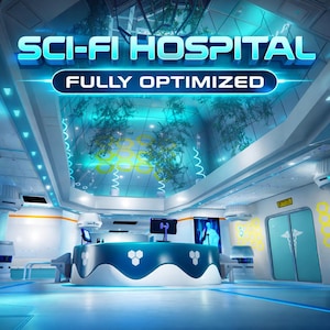 Może przedstawiać: Futurystyczne wnętrze szpitala z napisem "SCI-FI HOSPITAL" i "FULLY OPTIMIZED" w kolorze niebieskim i białym. Scena przedstawia ladę recepcyjną, sprzęt medyczny i szklany sufit z konstrukcjami przypominającymi rośliny. Ogólna kolorystyka to niebieski i biały.
