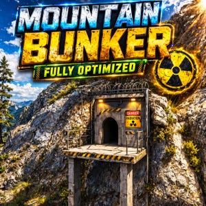 Puede incluir: Ilustración digital de una entrada de búnker de montaña. La imagen presenta el texto "MOUNTAIN BUNKER" en una fuente audaz y estilizada, con "FULLY OPTIMIZED" debajo. Es visible un símbolo de peligro de radiación.
