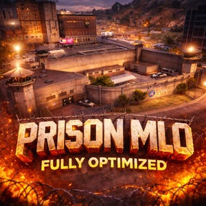 May include: An illustration of a prison complex with the text "PRISON MLO" in large, 3D letters, and "FULLY OPTIMIZED" below. The image has a fiery, orange glow at the bottom, with barbed wire in the foreground.