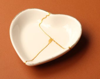 Kintsugi Heart Ceramic Dish, Handmade Gold Repair, White