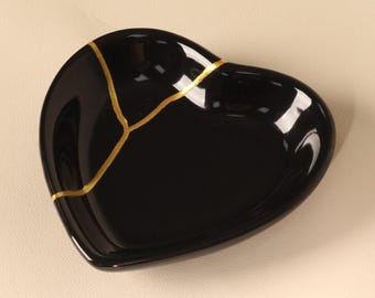 Kintsugi Heart Ceramic Dish, Handmade Gold Repair, Black