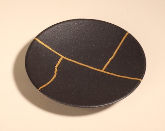 Black Kintsugi Ceramic Dish, Japandi Art Trinket Tray, Minimalist Gift