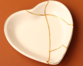 Kintsugi Heart Dish, White Mended Porcelain Pottery, Wabi Sabi Gold Repair Art