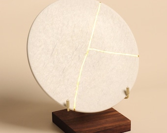White Kintsugi Ceramic Plate with Walnut and Brass Display Stand