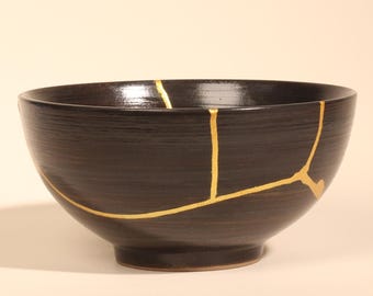 Black Kintsugi Bowl - Authentic Broken & Repaired - Japanese Wabi Sabi Repair Ceramic Pottery - Anniversary Gift