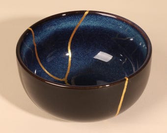 Kintsugi Bowl, Blue Ceramic Art, Handmade Gold Repair Pottery, Wabi Sabi Decor