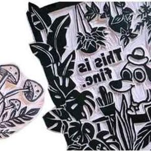 May include: A collection of black and white art stamps featuring various designs. Included are a sunflower, butterfly, moth, bird, dinosaur skull with mushrooms, and a dog with the text "This is fine". Other stamps include a bird, a snail, and a heart.