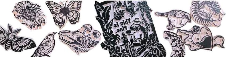 May include: A collection of black and white art stamps featuring various designs. Included are a sunflower, butterfly, moth, bird, dinosaur skull with mushrooms, and a dog with the text "This is fine". Other stamps include a bird, a snail, and a heart.