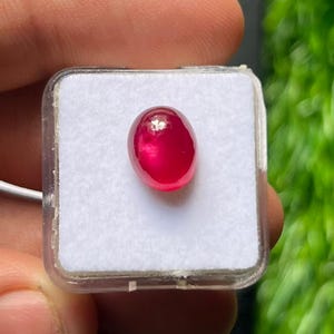 Puede incluir: Una gema de rubí ovalada y pulida, presentada en una caja de plástico transparente con interior blanco. El rubí es de un color rojo intenso y saturado. La caja es sostenida por una mano, con un fondo verde borroso.