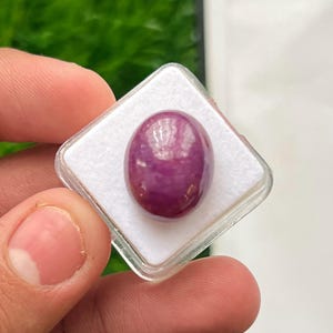 Op de afbeelding: Een gepolijste, ovaalvormige cabochon edelsteen met een diepe magenta en paarse tint. De steen heeft een glad, reflecterend oppervlak en zit stevig in een vierkant, doorzichtig plastic displaydoosje met een witte schuimrubberen inzet.