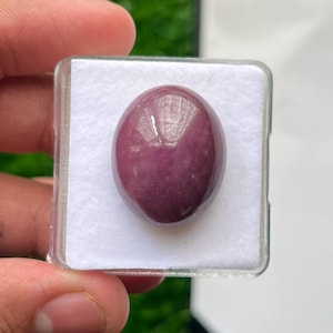 Op de afbeelding: Een gladde, ovaalvormige cabochon edelsteen met een diepe magenta-paarse tint en een gepolijst, reflecterend oppervlak. De steen is geplaatst in een klein, vierkant, doorzichtig plastic displaydoosje met een witte schuimrubberen inzet.