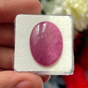 Könnte beinhalten: Ein ovaler, polierter rosa Edelstein mit glatter Cabochon-Oberfläche und feiner weißer Maserung im Inneren. Der Stein befindet sich in einer quadratischen, durchsichtigen Kunststoff-Präsentationsbox mit einer weißen, strukturierten Schaumstoffeinlage.