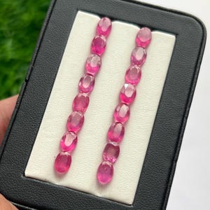 Könnte beinhalten: Eine Sammlung von sechzehn oval geschliffenen, leuchtend pinkfarbenen Edelsteinen, die in zwei vertikalen Reihen in einem schwarzen Etui mit weißem Einsatz angeordnet sind. Jeder facettierte Stein zeigt einen tiefen Pinkton und Glanz.