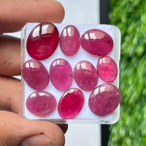 Puede incluir: Una colección de nueve piedras preciosas de rubí ovaladas y pulidas en tonos rojos y rosas. Las piedras preciosas se exhiben en un recipiente de plástico transparente, mostrando sus superficies lisas y reflectantes. Las gemas son sostenidas por una mano.