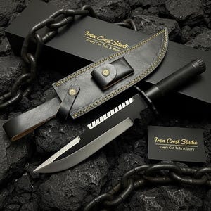 May include: A black survival knife with a silver blade and a black handle, displayed with a black leather sheath and a business card that reads "Iron Crest Studio Every Cut Tells A Story". The knife is on a bed of dark rocks, with a chain.