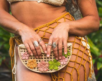 Colombian Floral handbag palm clutch natural fiber purse bohemian flower bag for beach vacation evening bag with flowers unique boho clutch