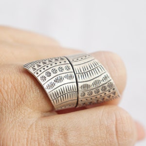 Tribal Stamped Silver Wrap Ring: Adjustable Oxidized Ethnic Jewelry