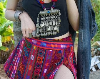 Pink Boho Mini Skirt with slit handmade festival wear summer outfit woven textile skirt