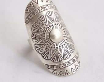 Große boho Silber Ring Floral Mandala ethnischen Stammes gestempelt Verstellbarer Statement-Ring