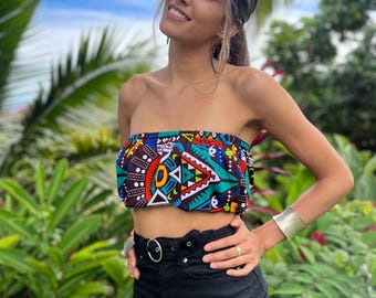 Top corto colorido y moderno con estampado africano, estilo bandeau, boho geométrico, sin tirantes, para el verano.