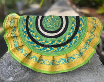 Yellow Woven palm leaf purse Caña Flecha Clutch Colombian Straw Handbag Boho Fan green purse for beach vacation statement bag bohemian style