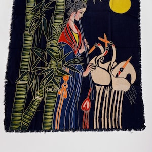 Woman and Full Moon Batik Art Female Bamboo Birds Batik hand painted Tapestry Ethnic Asian wall art decor painted fabric with woman and moon