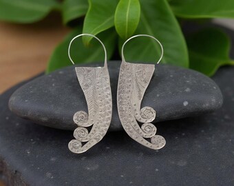 Große ethnische Ohrringe lange Stammes- Silber Ohrringe Hill Tribe Ohrringe Spirale Silber Ohrringe Stamm Silber Schmuck Thai Silber Ohrringe Geschenk