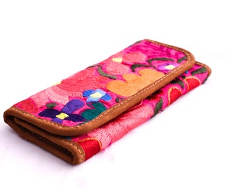 Boho Floral Wallet, Mexican Textile wallet, Brown Suade wallet, Boho Leather Wallet, Bohemian wallet, Leather textile wallet, Pink wallet