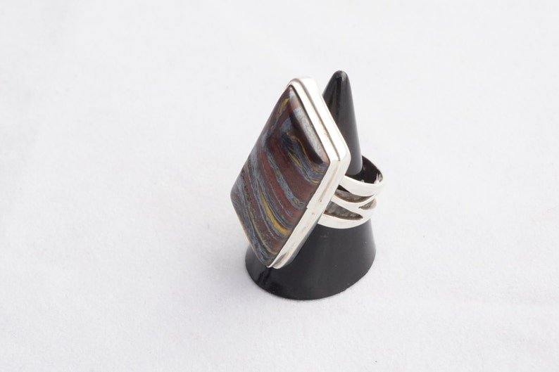 Big Red Tiger Eye Parallelogram Gemstone Silver Statement Ring