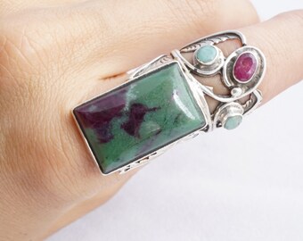 Large Ruby Zoisite Ring: Sterling Silver Anyolite & Emerald, Bohemian Floral Setting