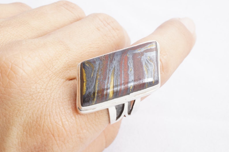 Big Red Tiger Eye Parallelogram Gemstone Silver Statement Ring
