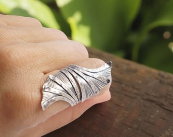 Large Ginkgo Leaf Ring: 925 Silver Japanese Plant Jewelry oxidized nature inspired gift