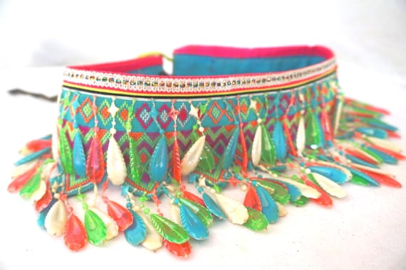 Thai Hill Tribe Beaded Tassel Belt: Vintage Embroidered Boho  display picture 2